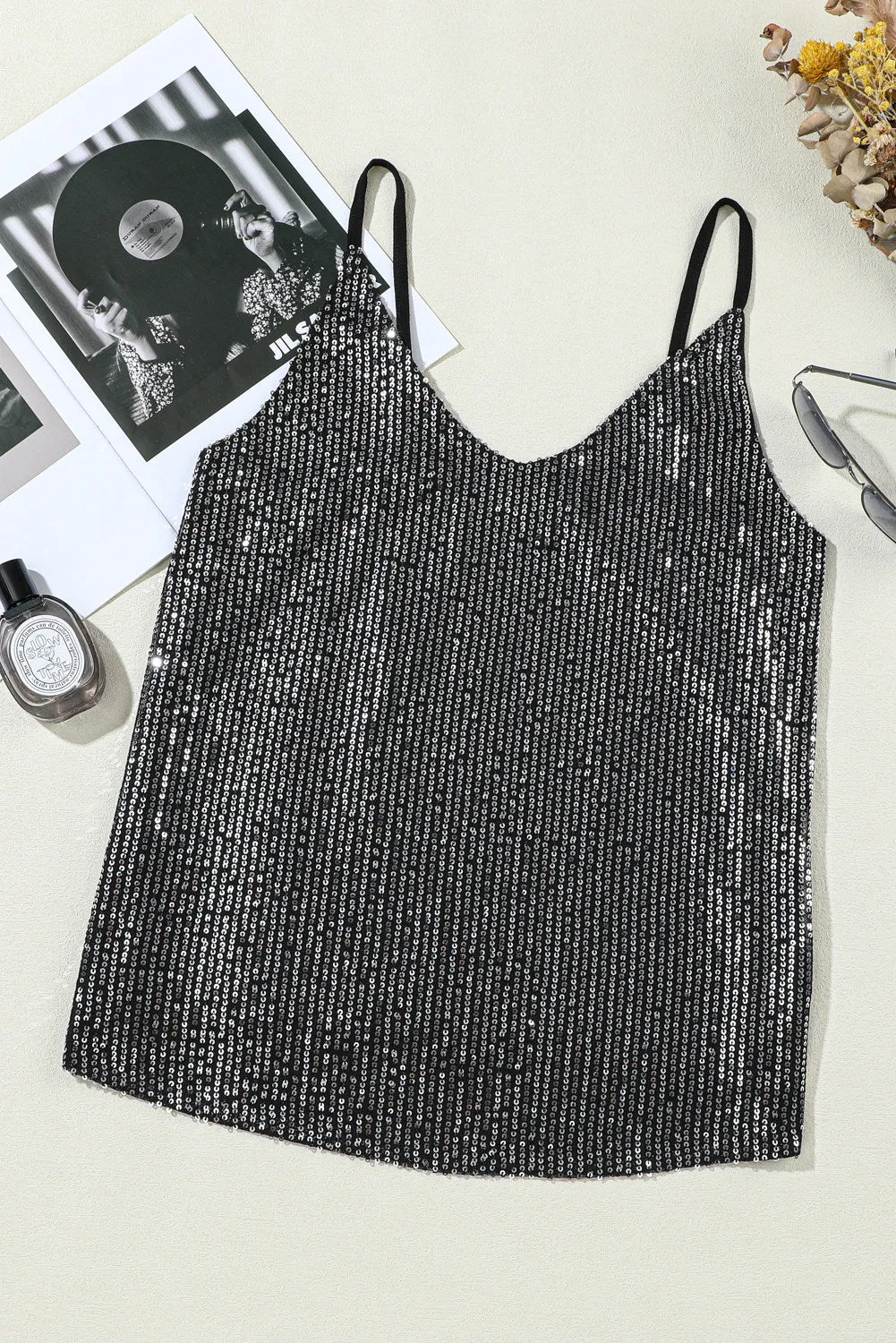 Women Gray Sequin Spaghetti Strap Tank Top