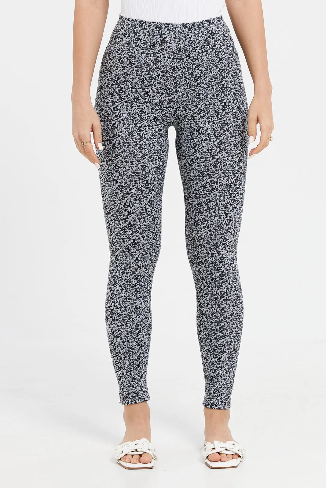 Women Grey And Black Printed Leggings