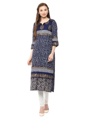 Women Indigo Floral Ajrakh Hand Block Cotton Printed Straight Kurta - Bhor