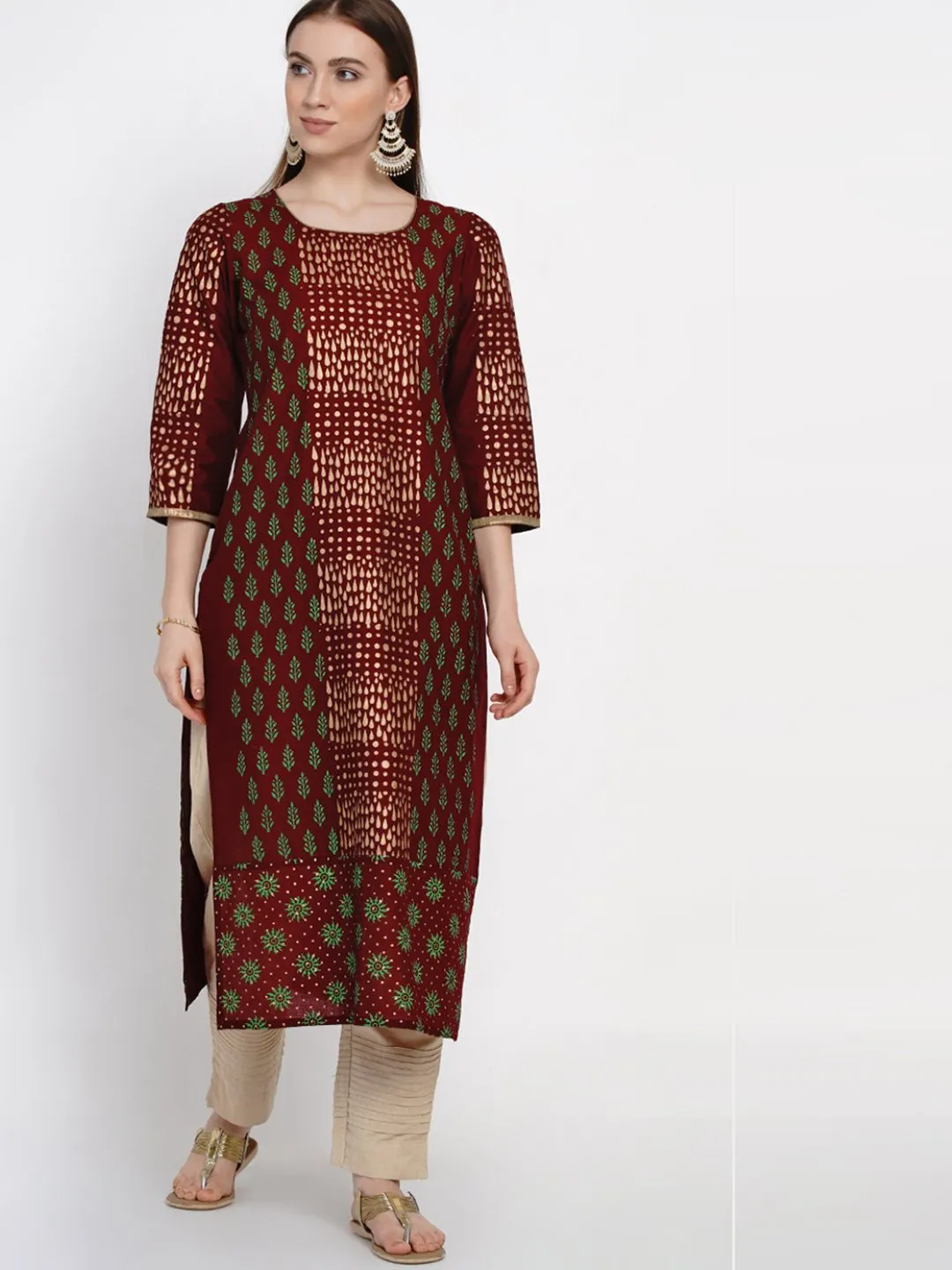 Women Maroon Ajrakh Hand Block Cotton Overall Printed Kurta