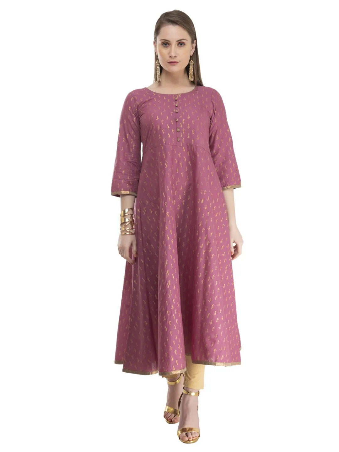 Women Mauve Cotton Anarkali With Overall  Ajrakh Hand Block Print