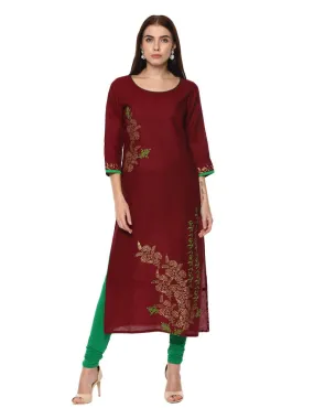 Women Modern Maroon Floral Print Ajrakh Hand Block Cotton Printed Straight Kurta - Inayat