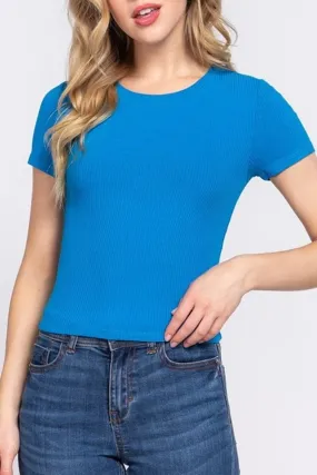 Women's Casual Short Sleeve Crew Neck Rib Crop Top