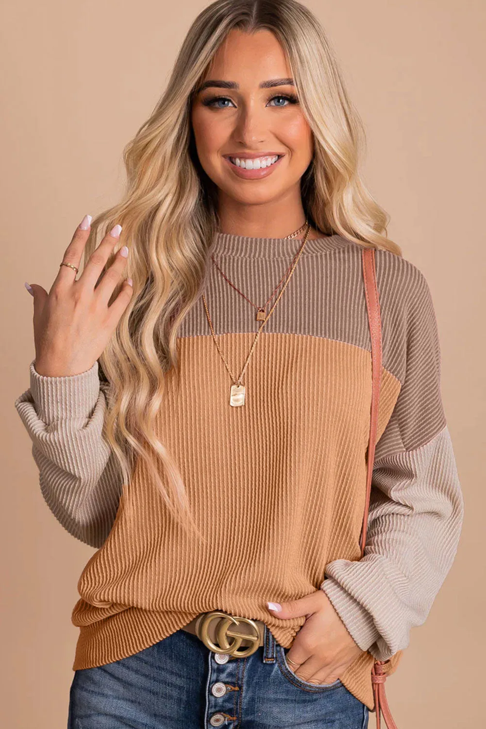 Women's Color Block Long Sleeve Ribbed Loose Top