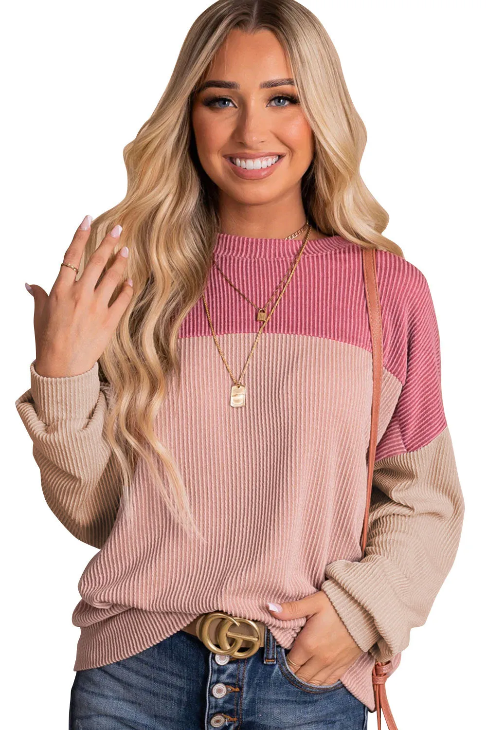 Women's Color Block Long Sleeve Ribbed Loose Top