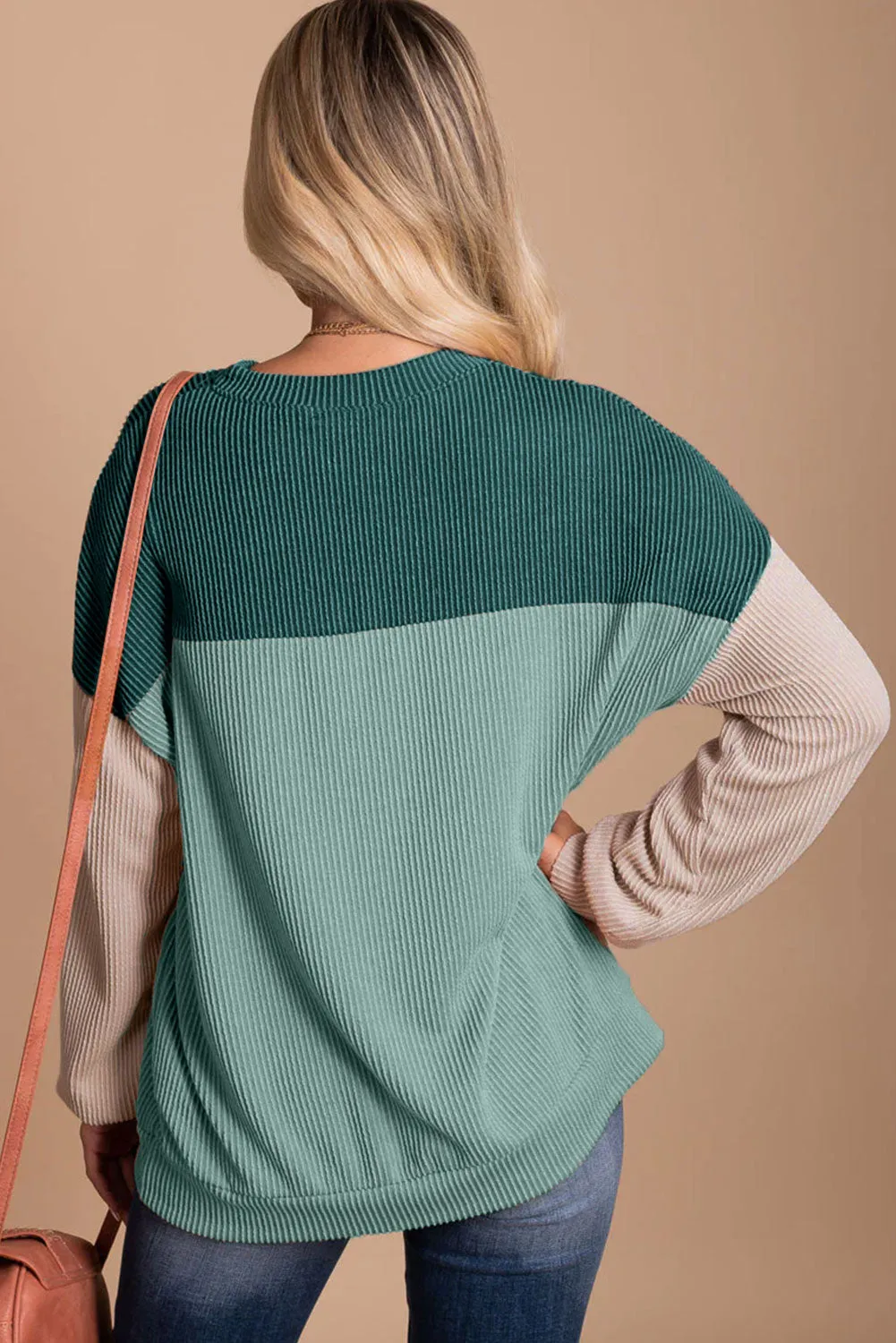 Women's Color Block Long Sleeve Ribbed Loose Top