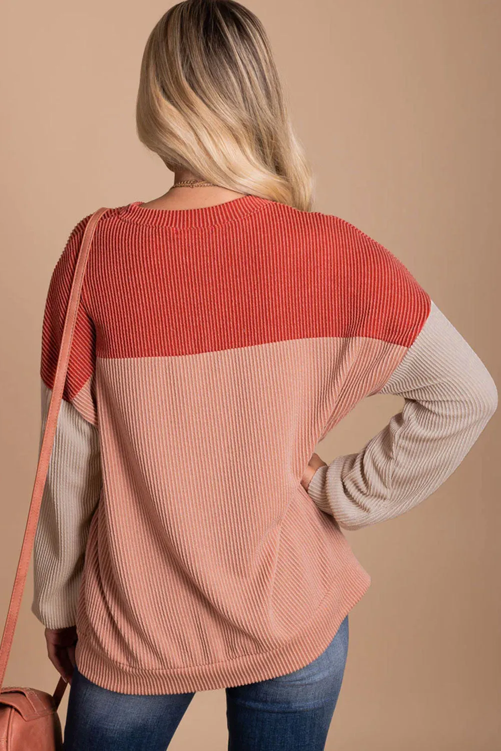 Women's Color Block Long Sleeve Ribbed Loose Top