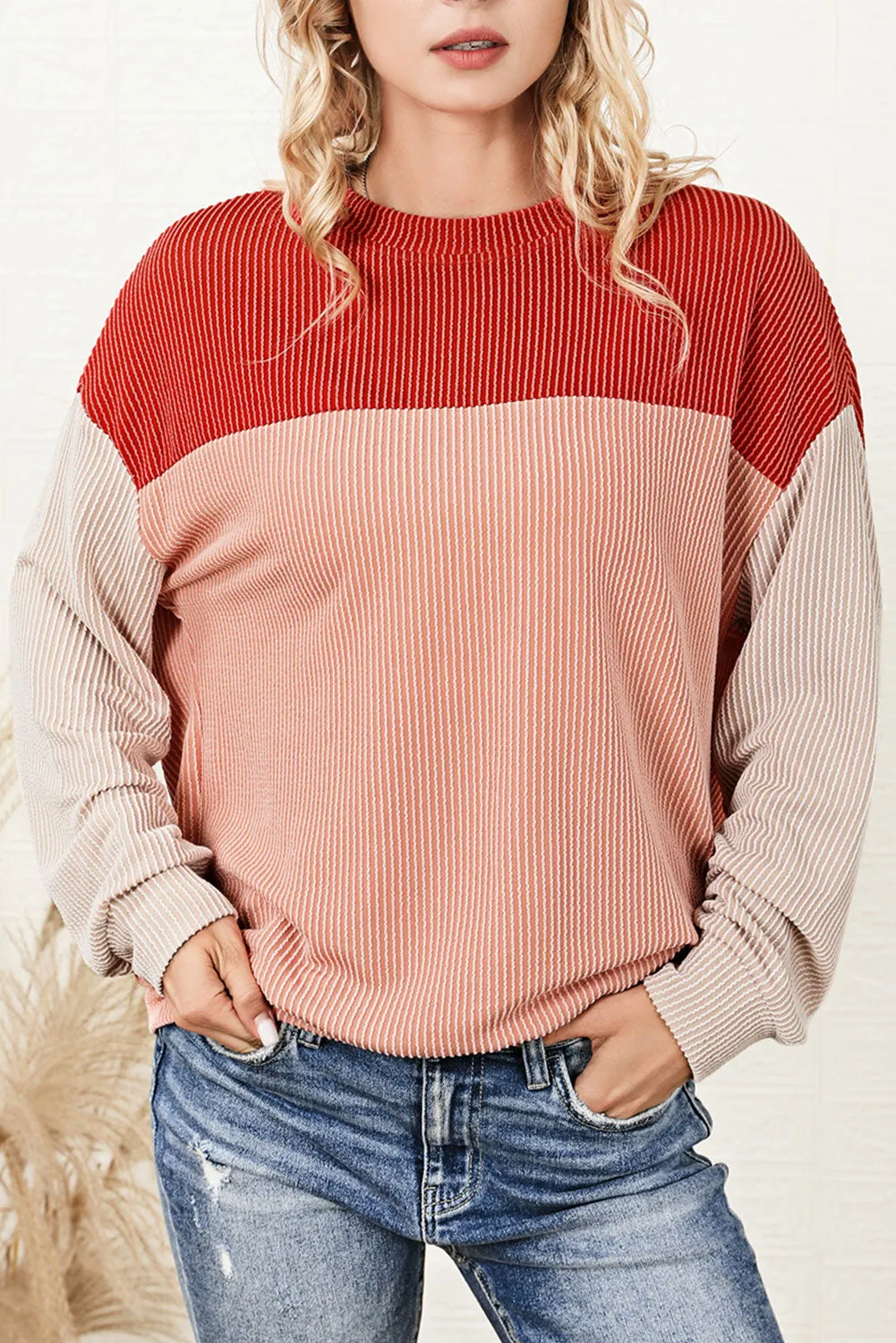 Women's Color Block Long Sleeve Ribbed Loose Top