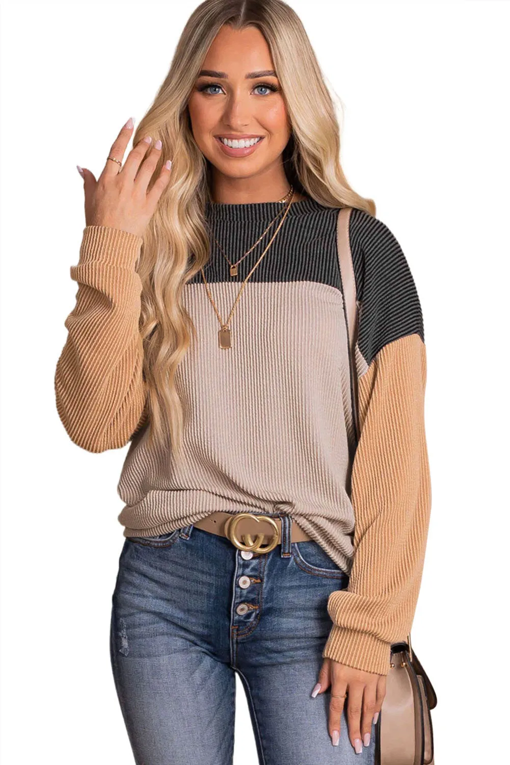 Women's Color Block Long Sleeve Ribbed Loose Top