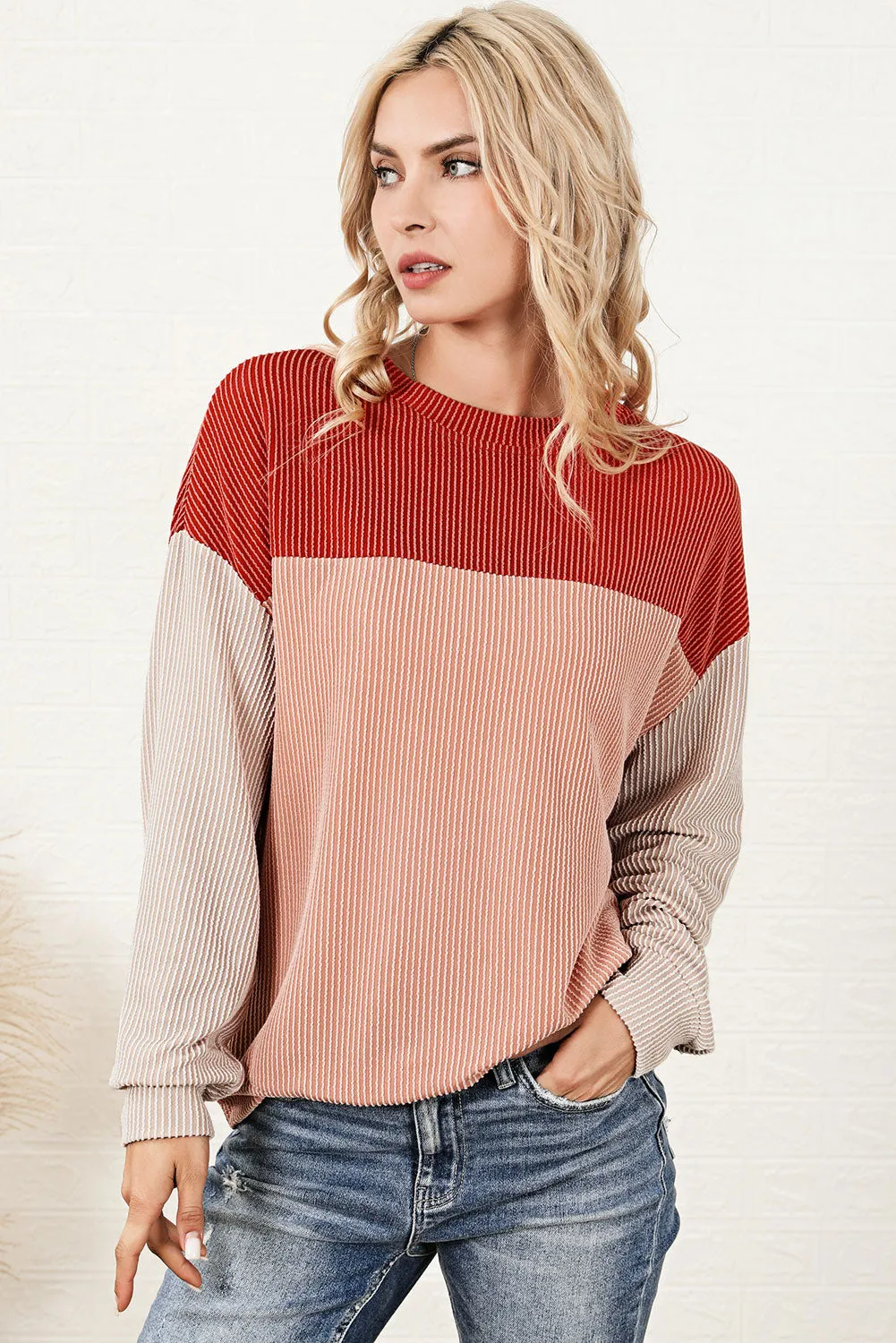 Women's Color Block Long Sleeve Ribbed Loose Top