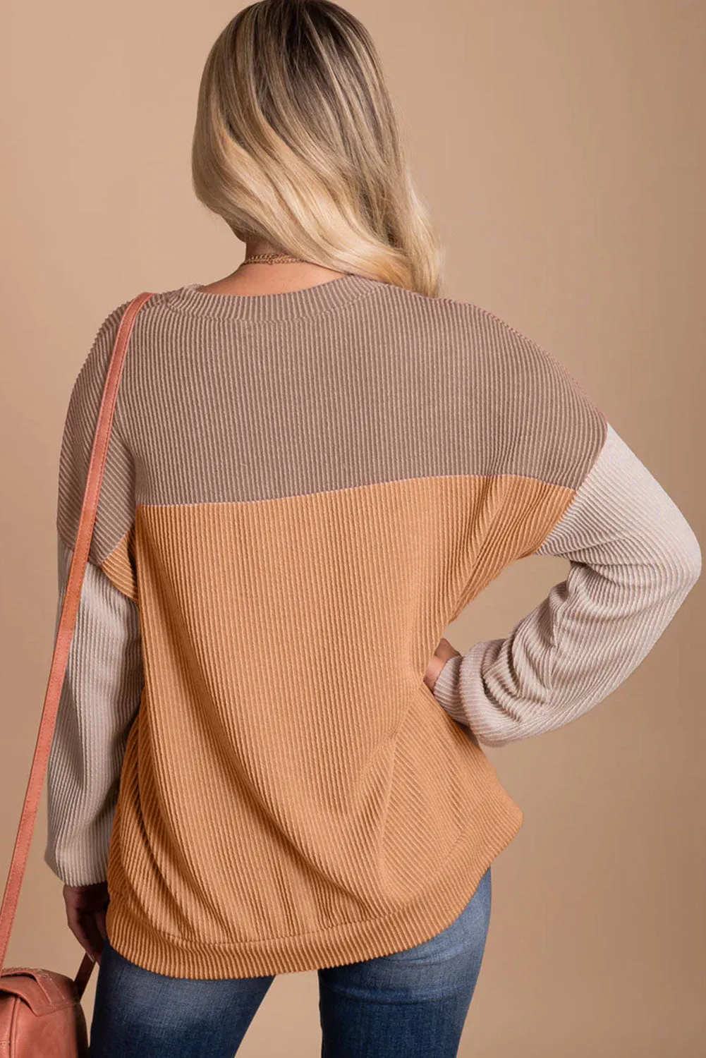 Women's Color Block Long Sleeve Ribbed Loose Top