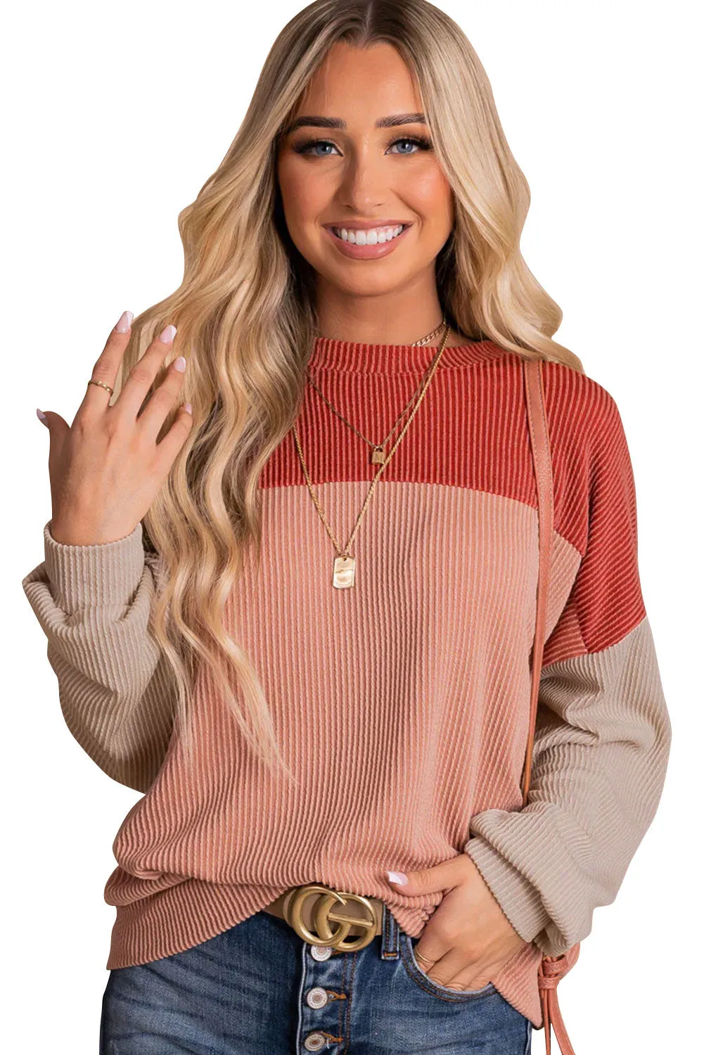 Women's Color Block Long Sleeve Ribbed Loose Top