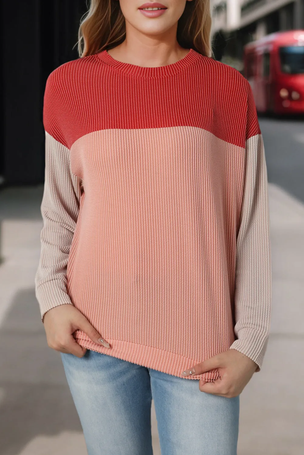 Women's Color Block Long Sleeve Ribbed Loose Top