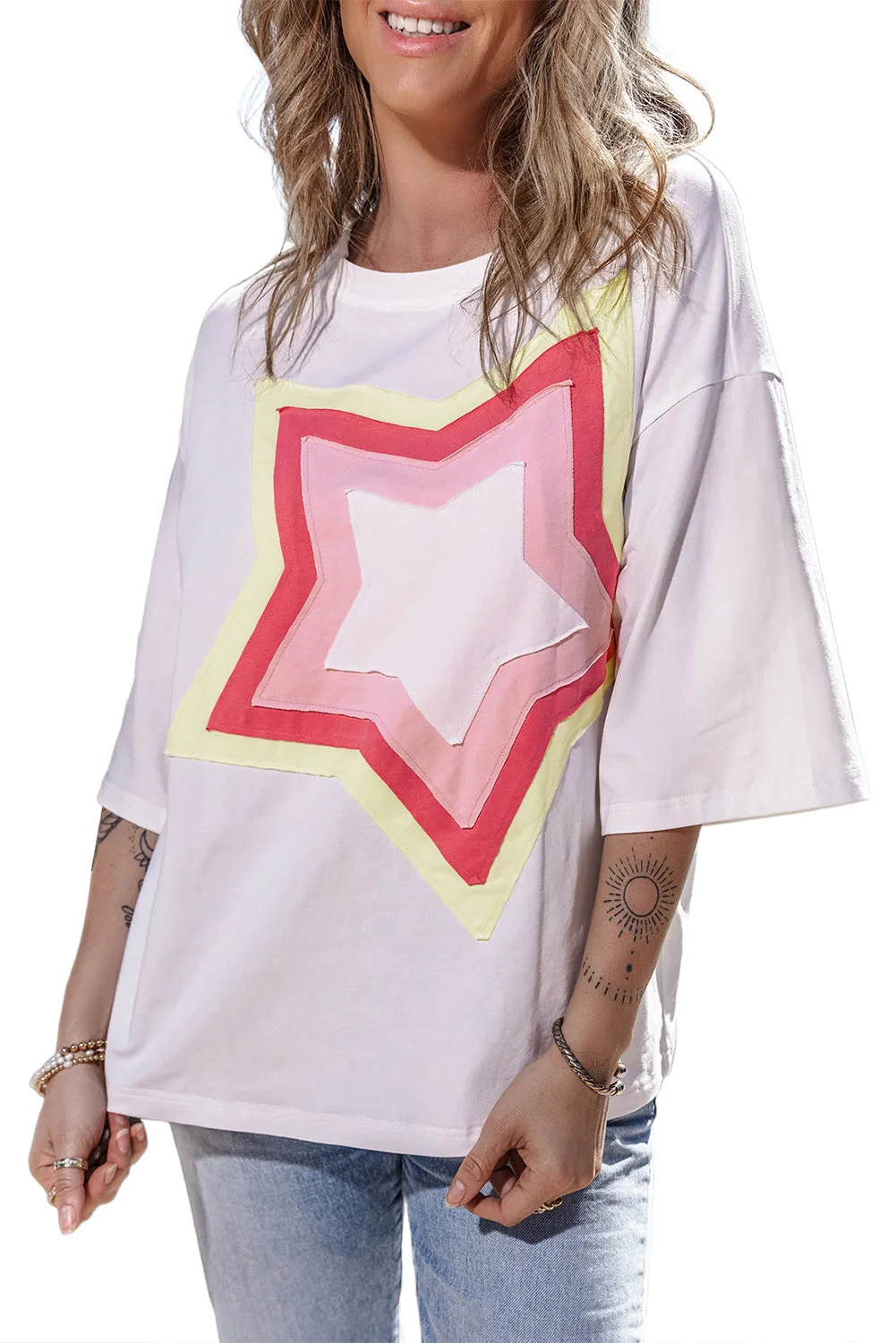 Women's Colorblock Star Patched 3/4 Sleeve Oversized Tee