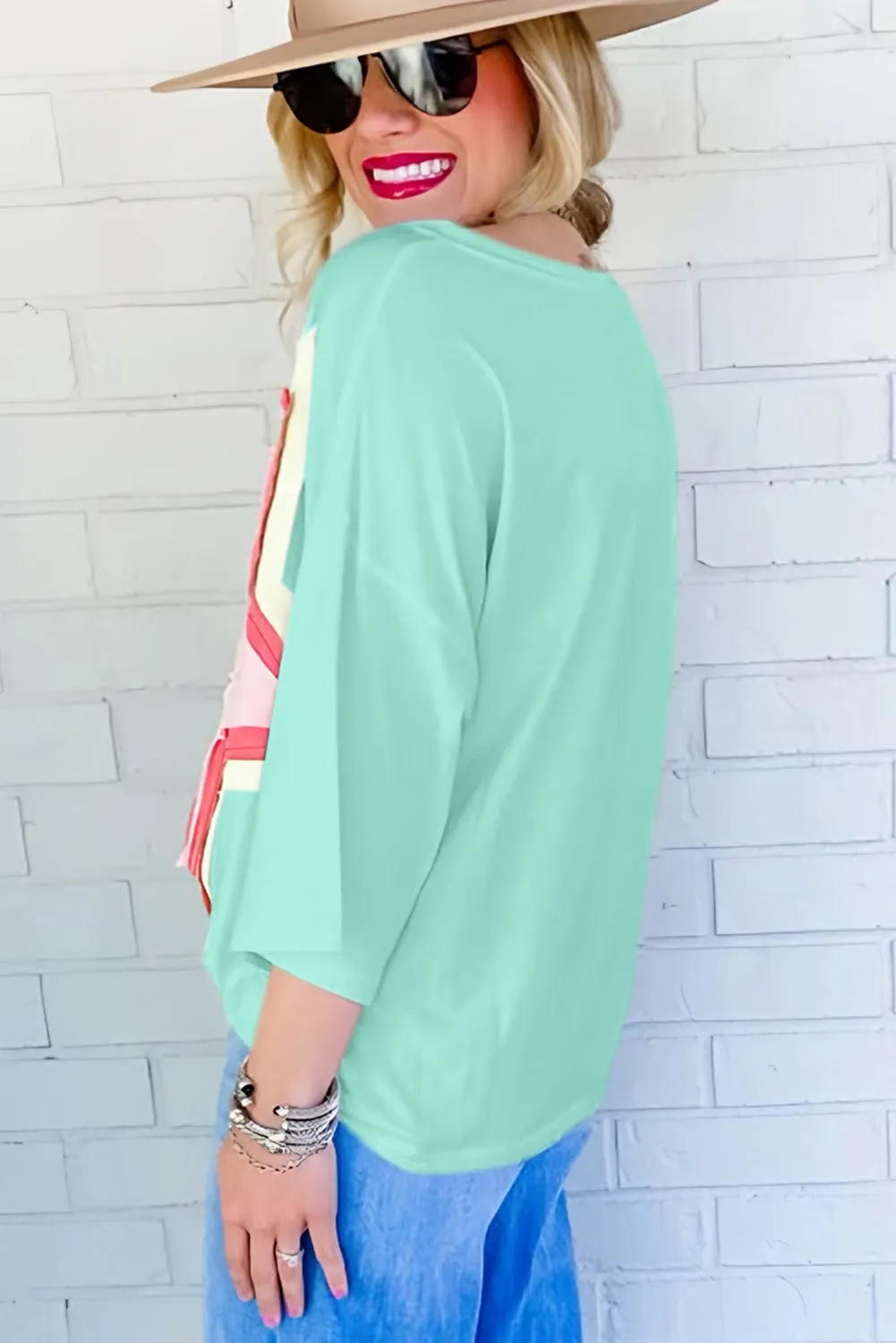 Women's Colorblock Star Patched 3/4 Sleeve Oversized Tee