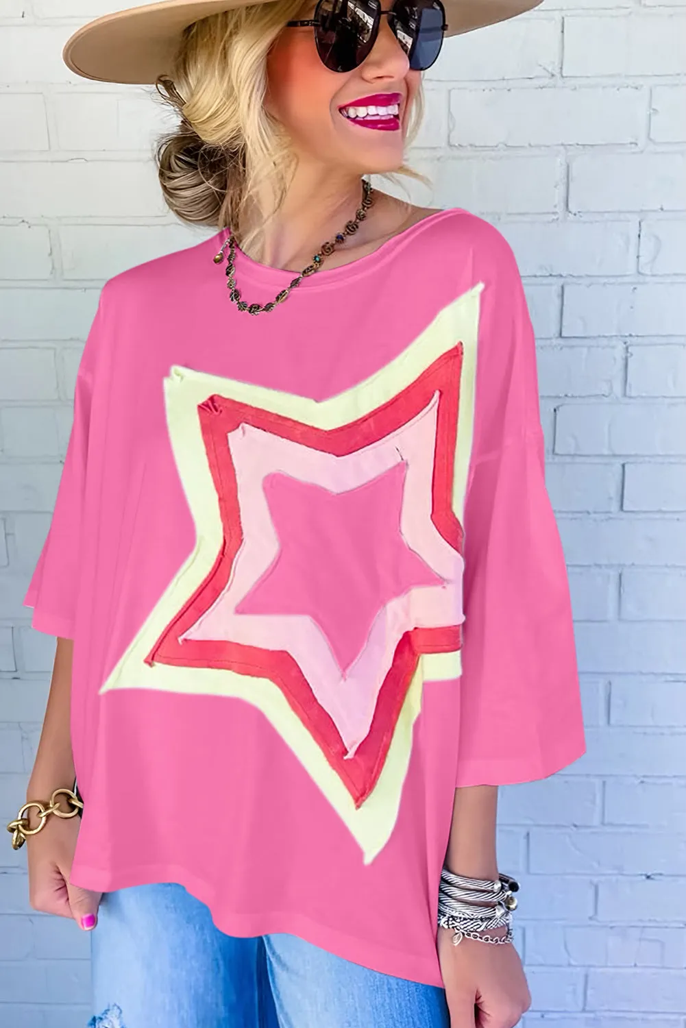 Women's Colorblock Star Patched 3/4 Sleeve Oversized Tee