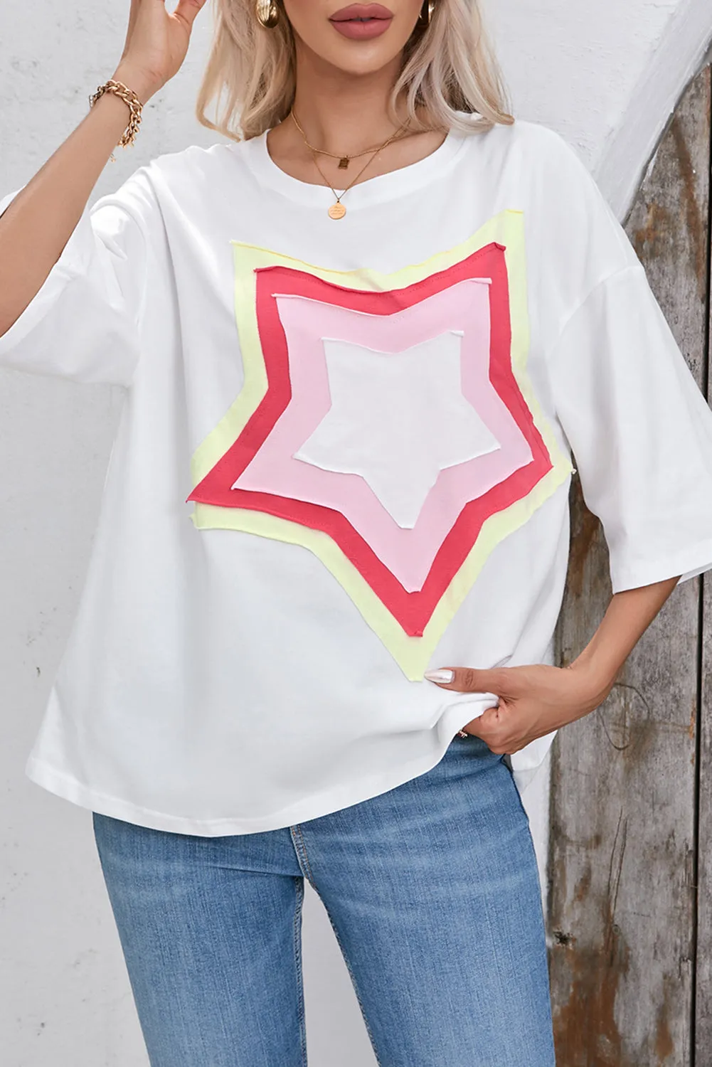 Women's Colorblock Star Patched 3/4 Sleeve Oversized Tee