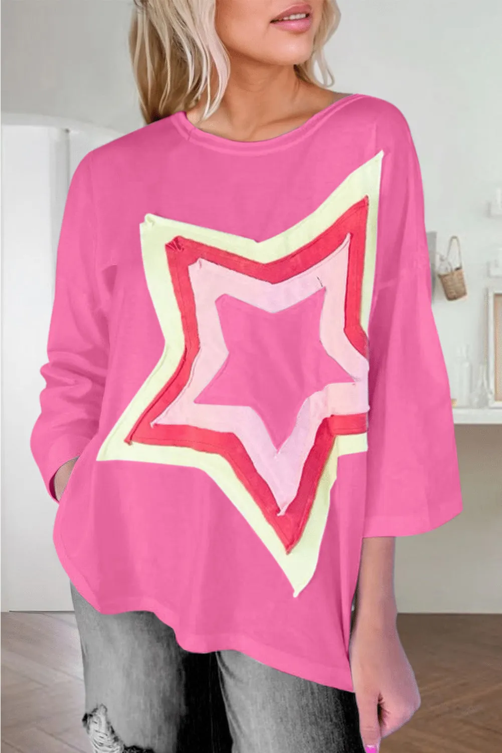 Women's Colorblock Star Patched 3/4 Sleeve Oversized Tee