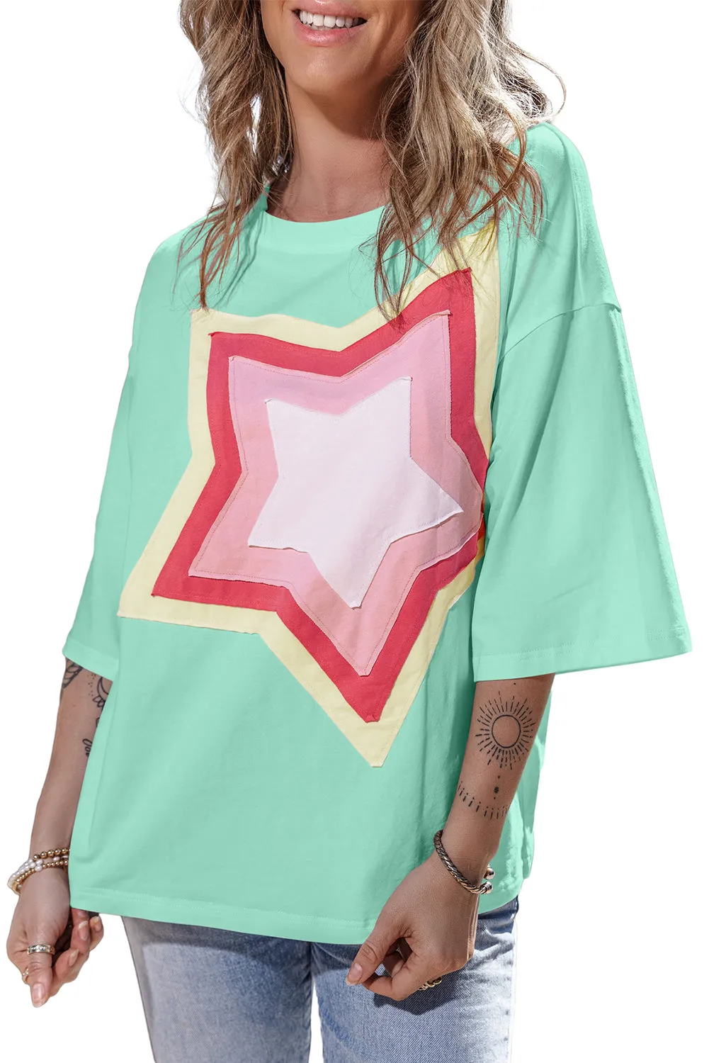 Women's Colorblock Star Patched 3/4 Sleeve Oversized Tee