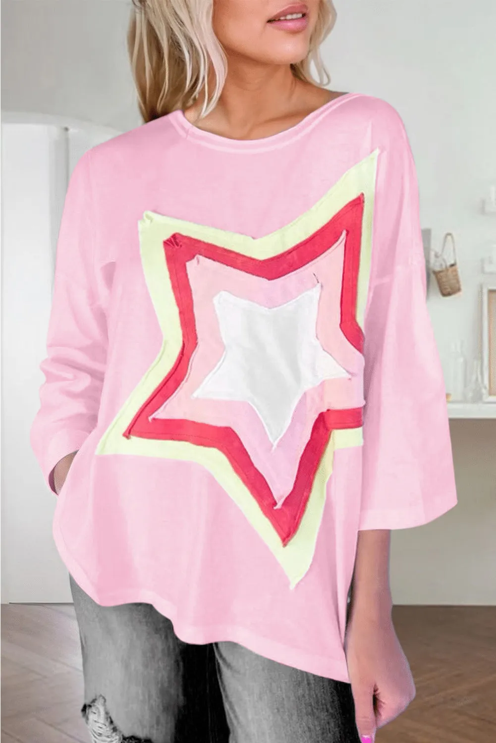 Women's Colorblock Star Patched 3/4 Sleeve Oversized Tee