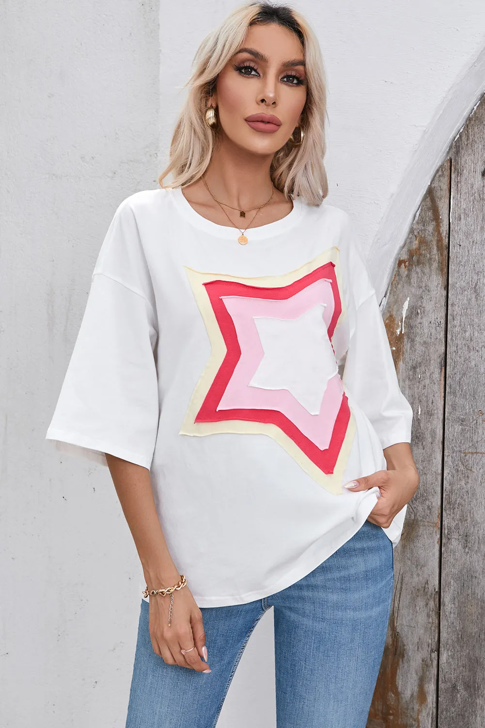 Women's Colorblock Star Patched 3/4 Sleeve Oversized Tee