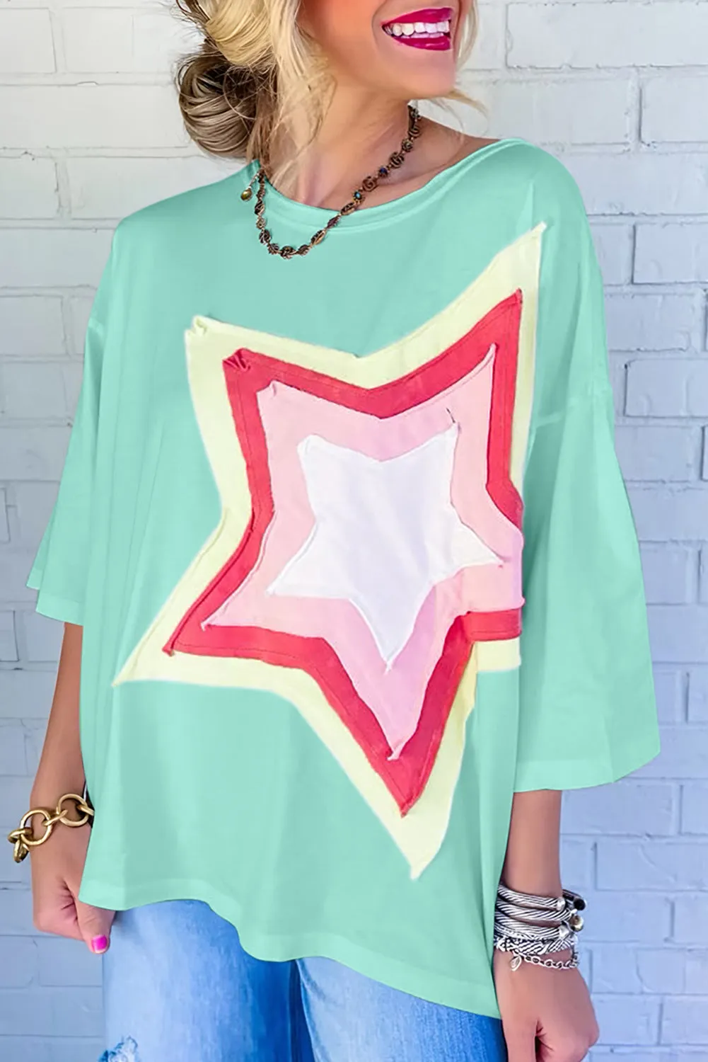 Women's Colorblock Star Patched 3/4 Sleeve Oversized Tee