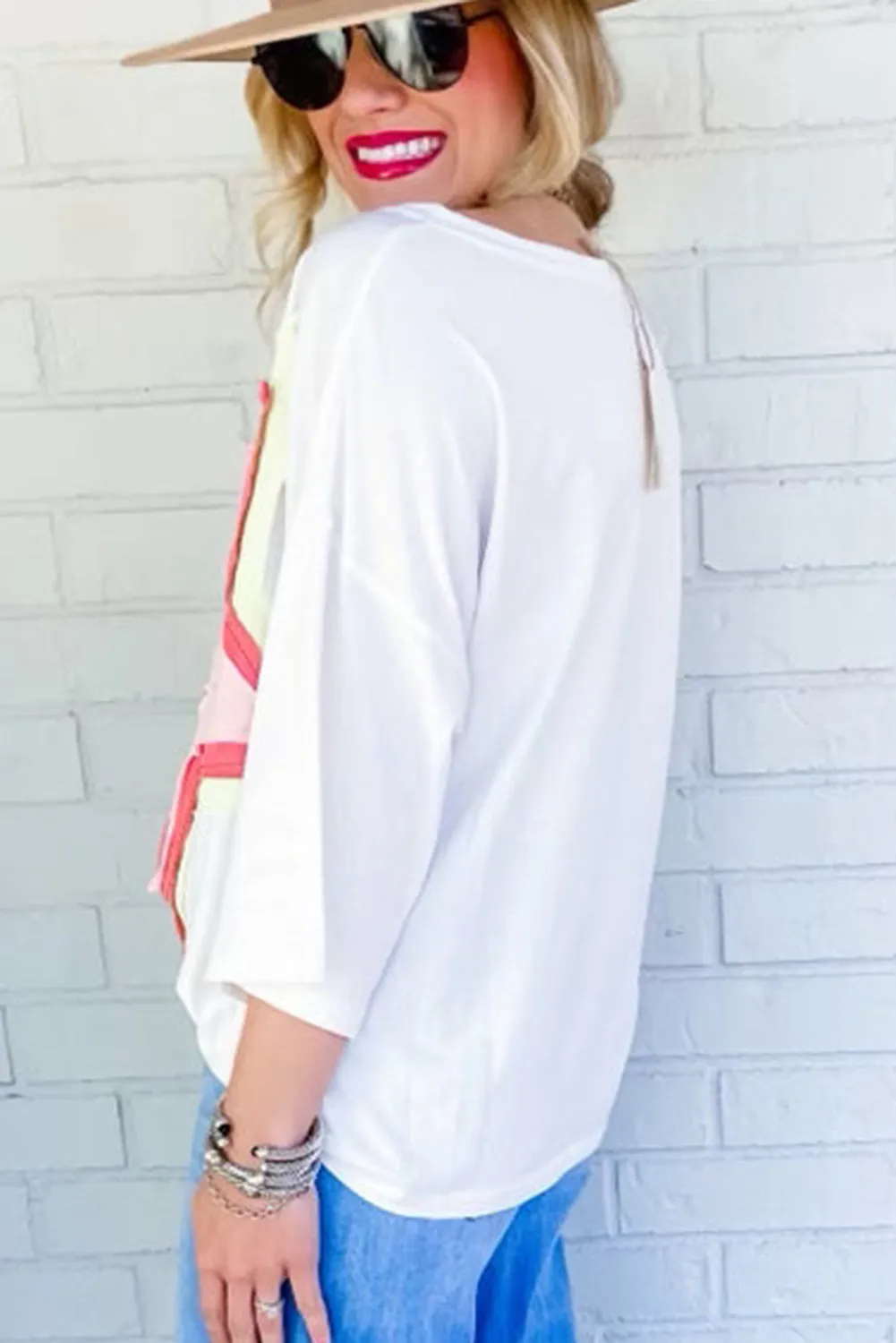 Women's Colorblock Star Patched 3/4 Sleeve Oversized Tee