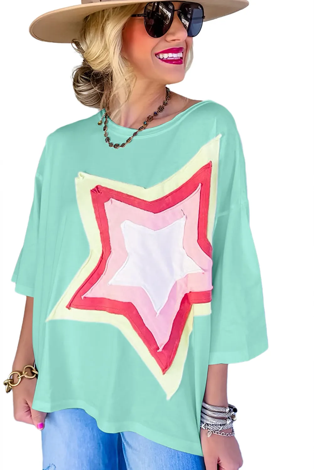 Women's Colorblock Star Patched 3/4 Sleeve Oversized Tee