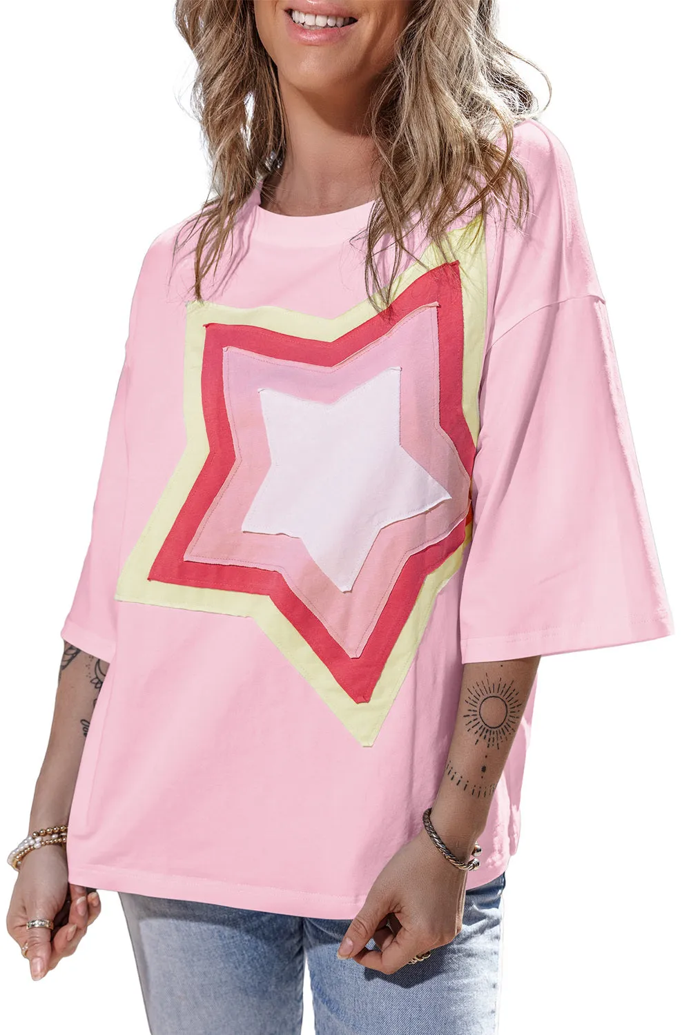 Women's Colorblock Star Patched 3/4 Sleeve Oversized Tee