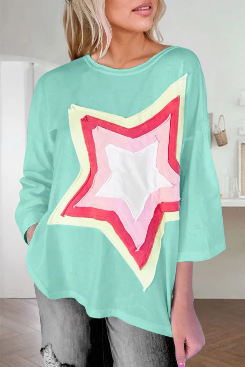 Women's Colorblock Star Patched 3/4 Sleeve Oversized Tee