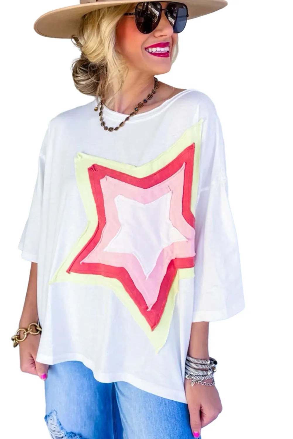 Women's Colorblock Star Patched 3/4 Sleeve Oversized Tee