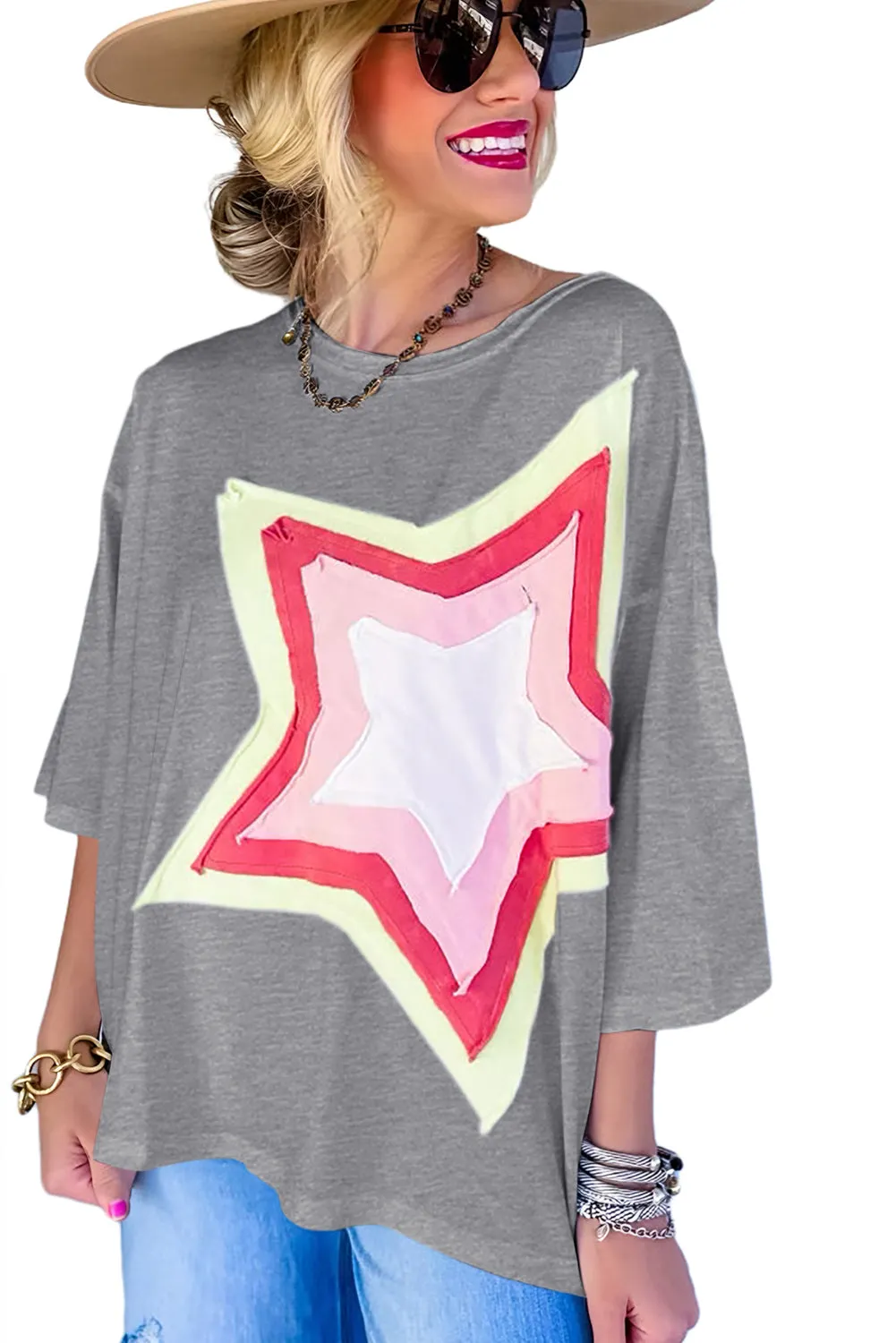 Women's Colorblock Star Patched 3/4 Sleeve Oversized Tee