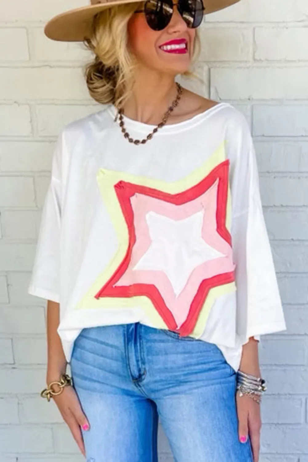 Women's Colorblock Star Patched 3/4 Sleeve Oversized Tee