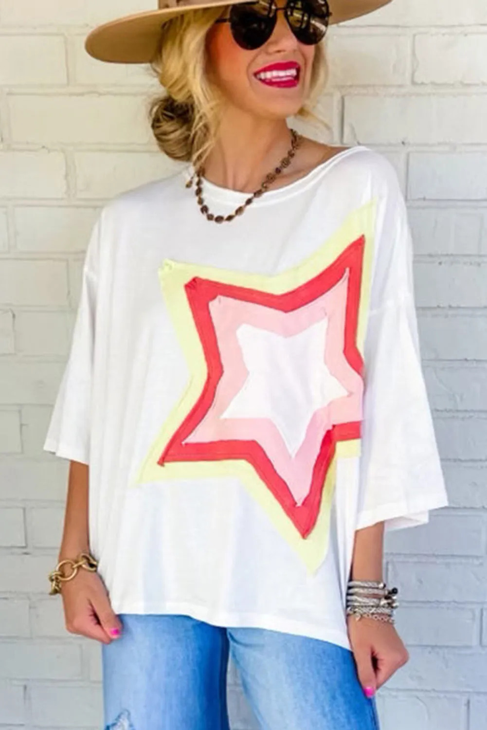 Women's Colorblock Star Patched 3/4 Sleeve Oversized Tee