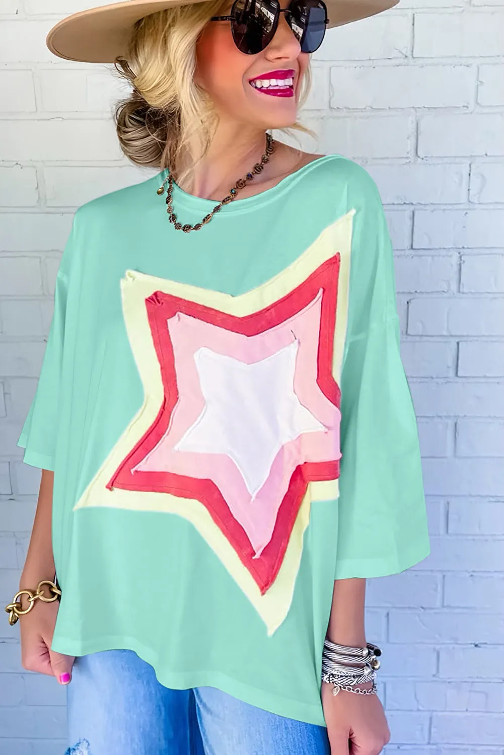 Women's Colorblock Star Patched 3/4 Sleeve Oversized Tee