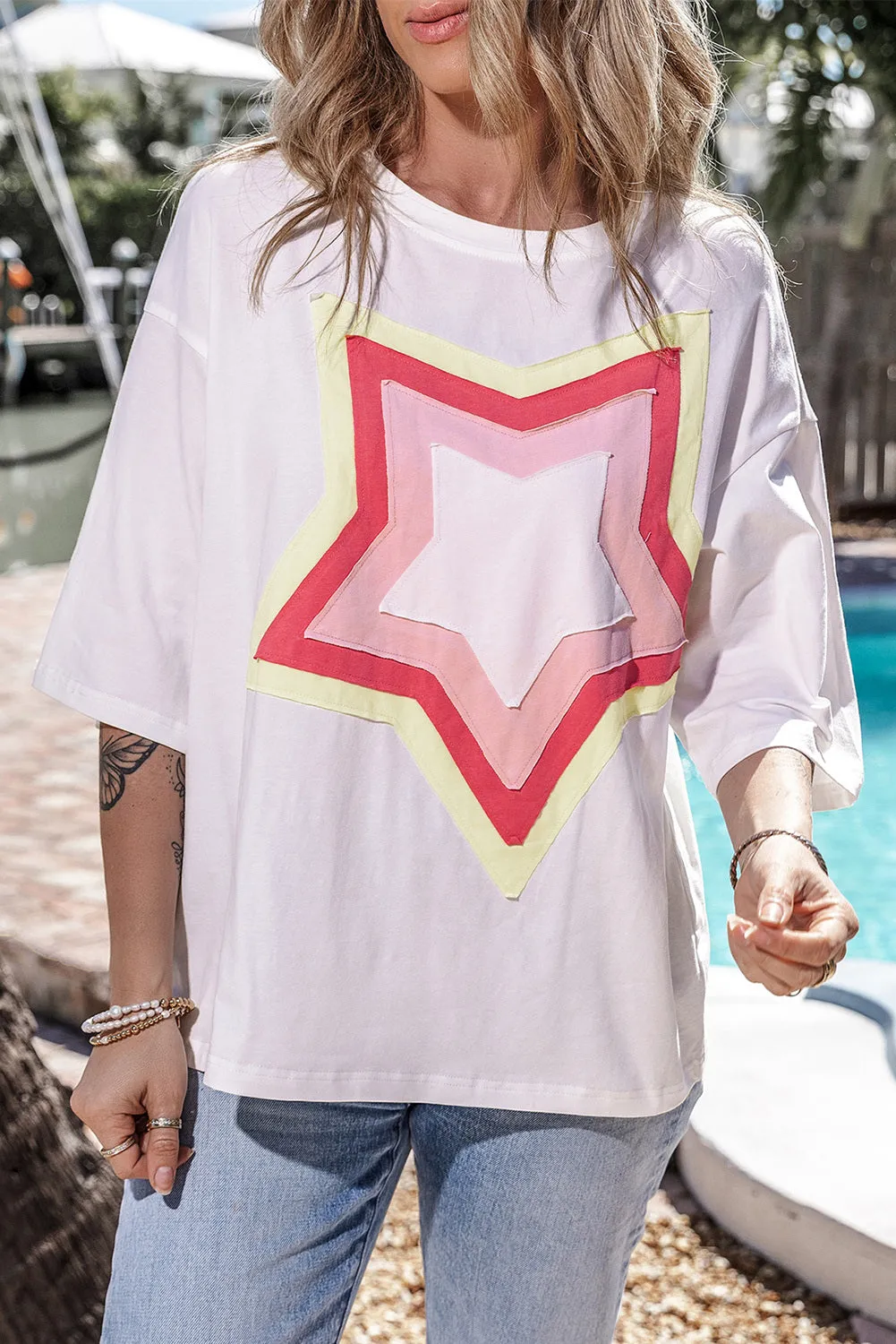 Women's Colorblock Star Patched 3/4 Sleeve Oversized Tee