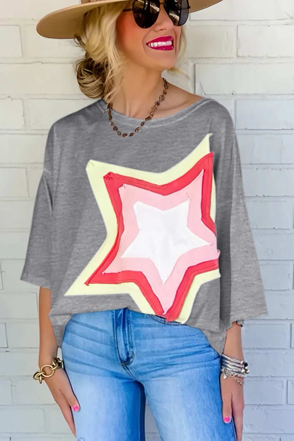 Women's Colorblock Star Patched 3/4 Sleeve Oversized Tee