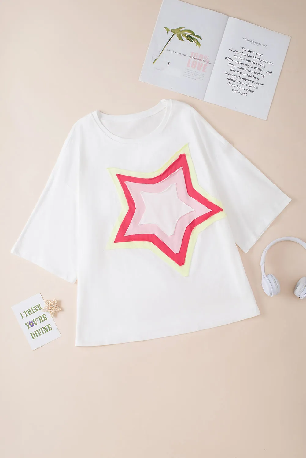 Women's Colorblock Star Patched 3/4 Sleeve Oversized Tee