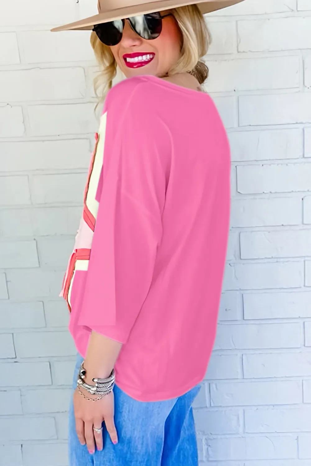 Women's Colorblock Star Patched 3/4 Sleeve Oversized Tee