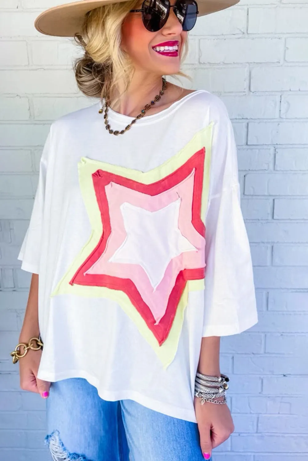 Women's Colorblock Star Patched 3/4 Sleeve Oversized Tee