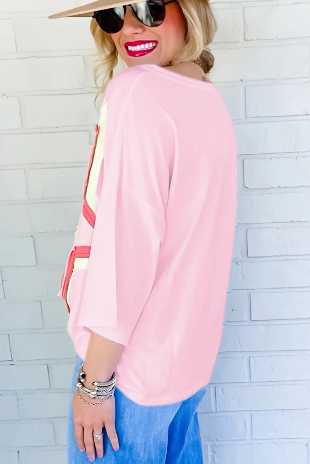 Women's Colorblock Star Patched 3/4 Sleeve Oversized Tee