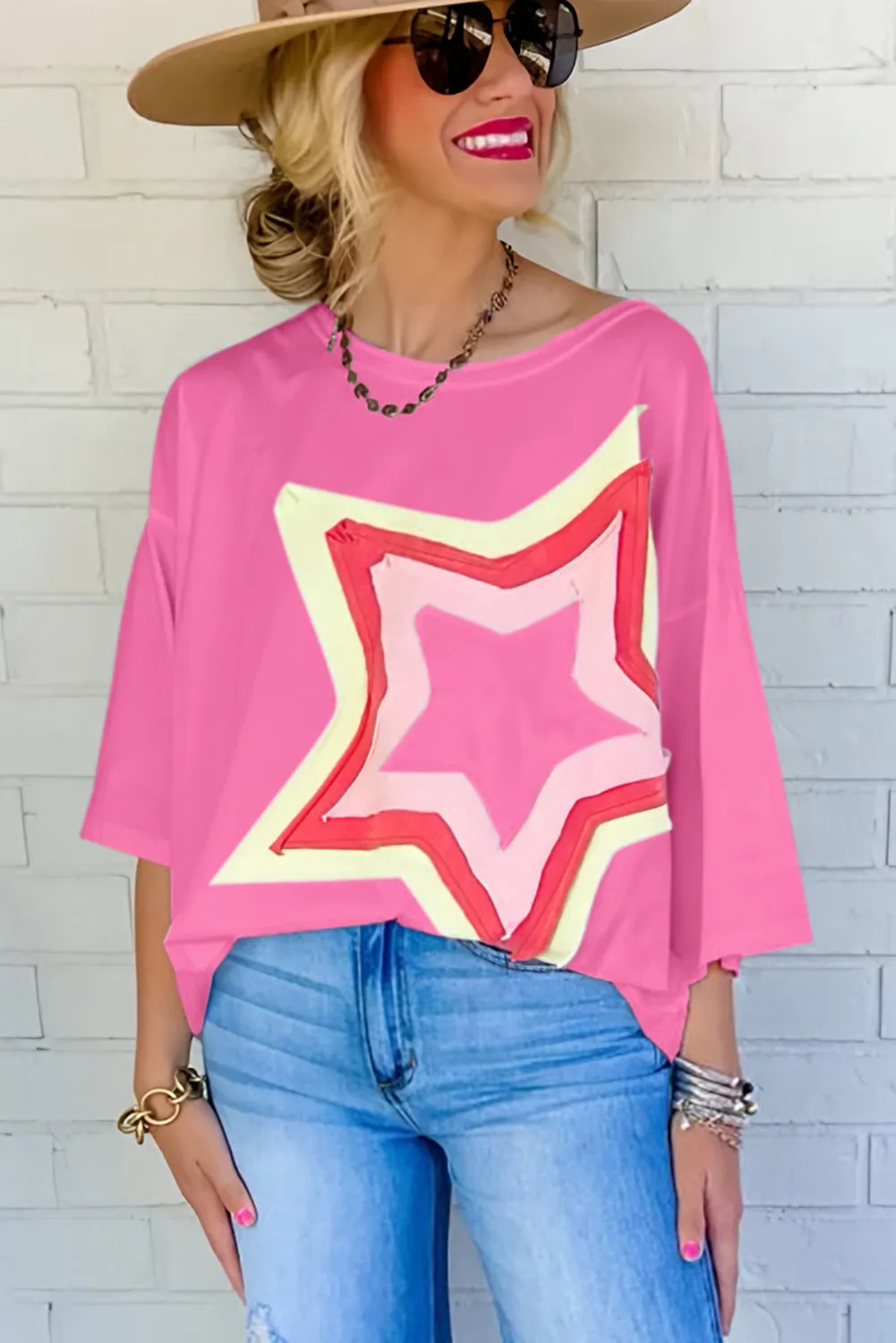 Women's Colorblock Star Patched 3/4 Sleeve Oversized Tee