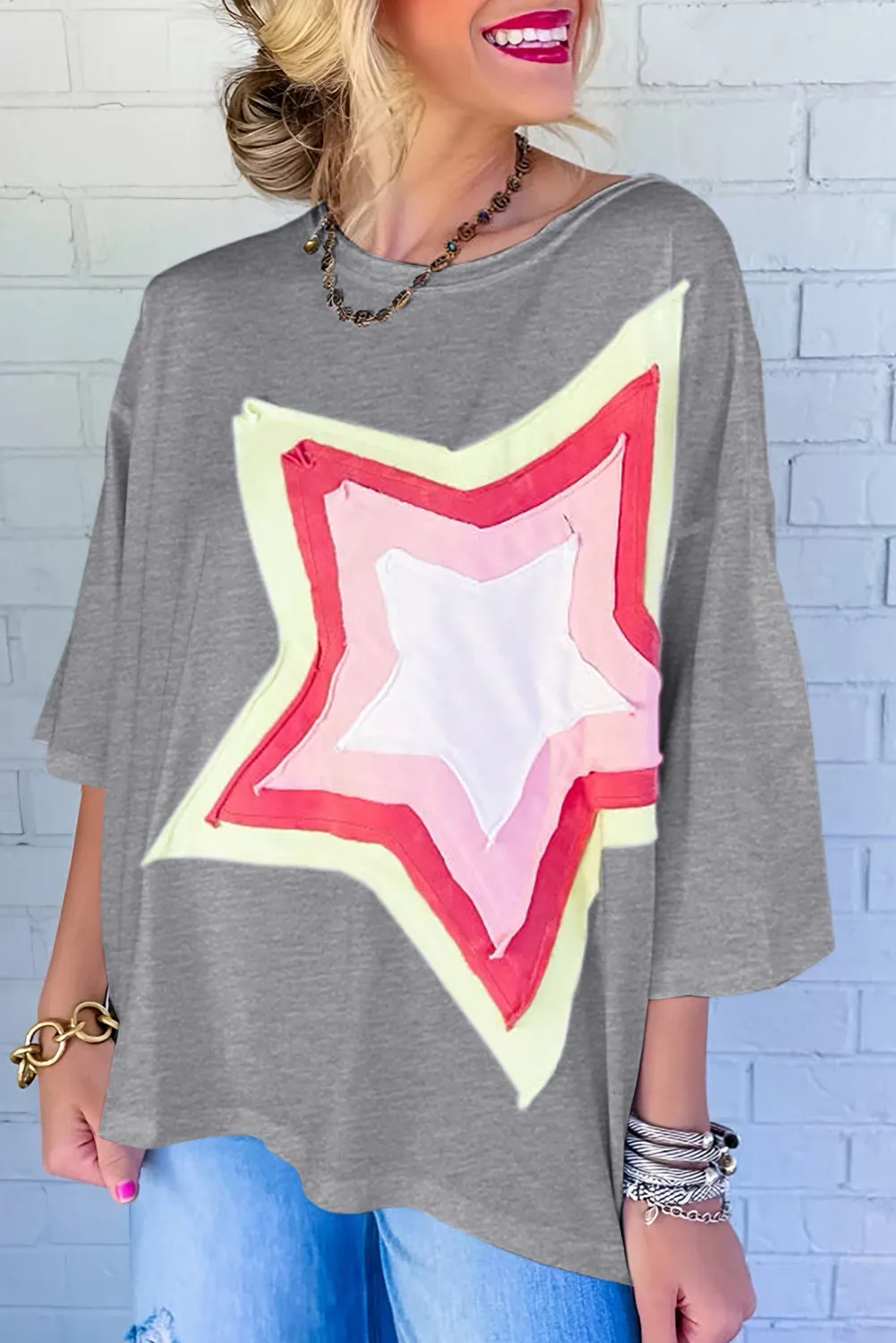 Women's Colorblock Star Patched 3/4 Sleeve Oversized Tee