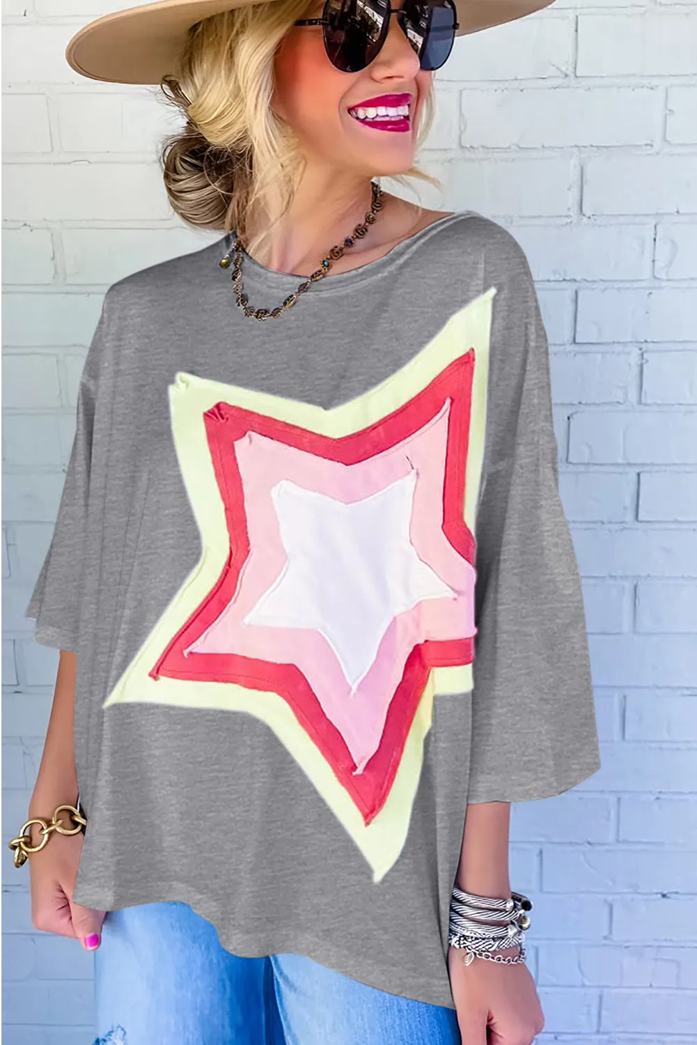 Women's Colorblock Star Patched 3/4 Sleeve Oversized Tee