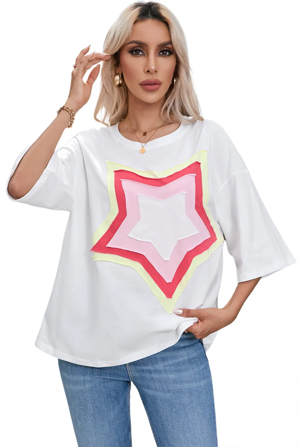 Women's Colorblock Star Patched 3/4 Sleeve Oversized Tee