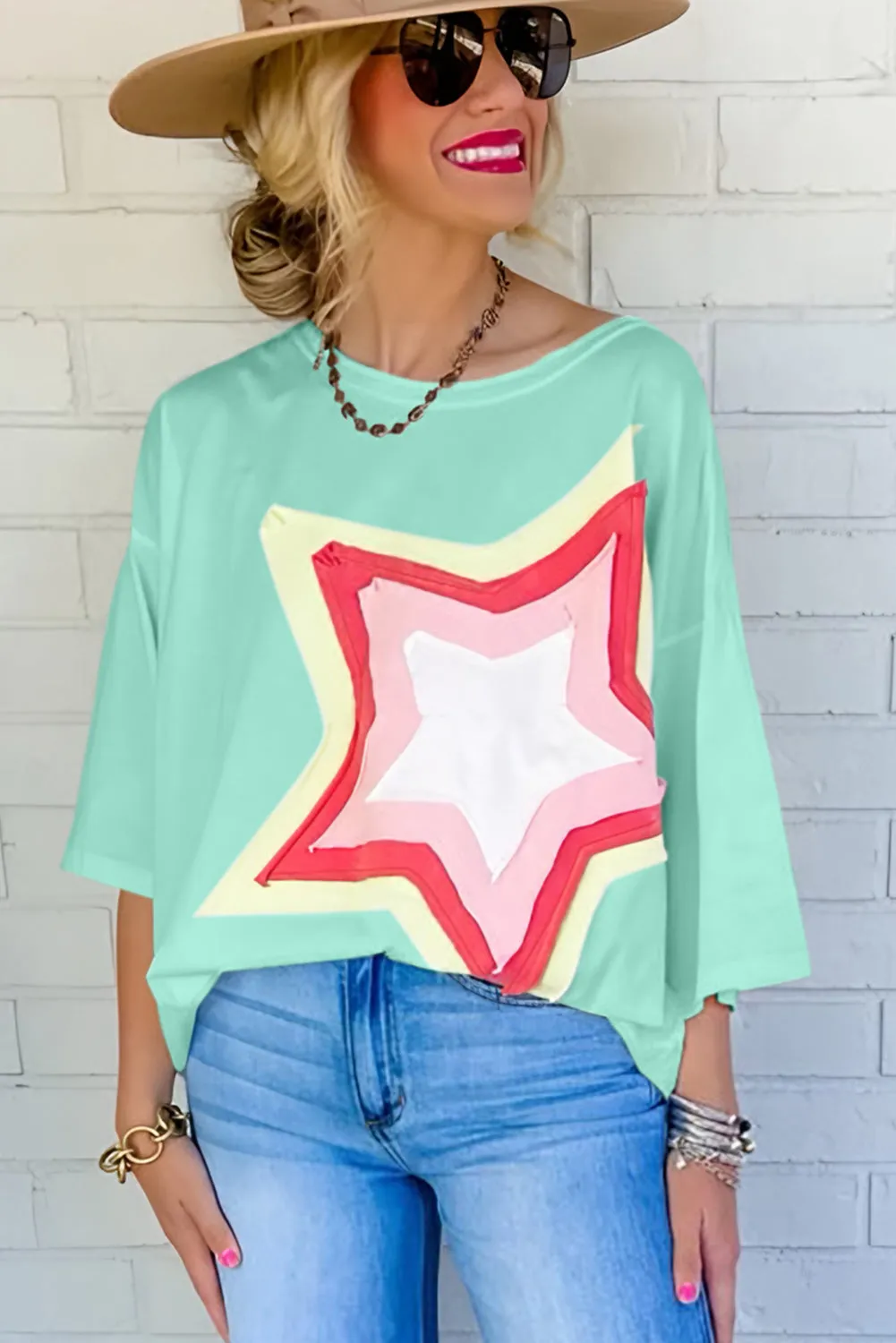 Women's Colorblock Star Patched 3/4 Sleeve Oversized Tee