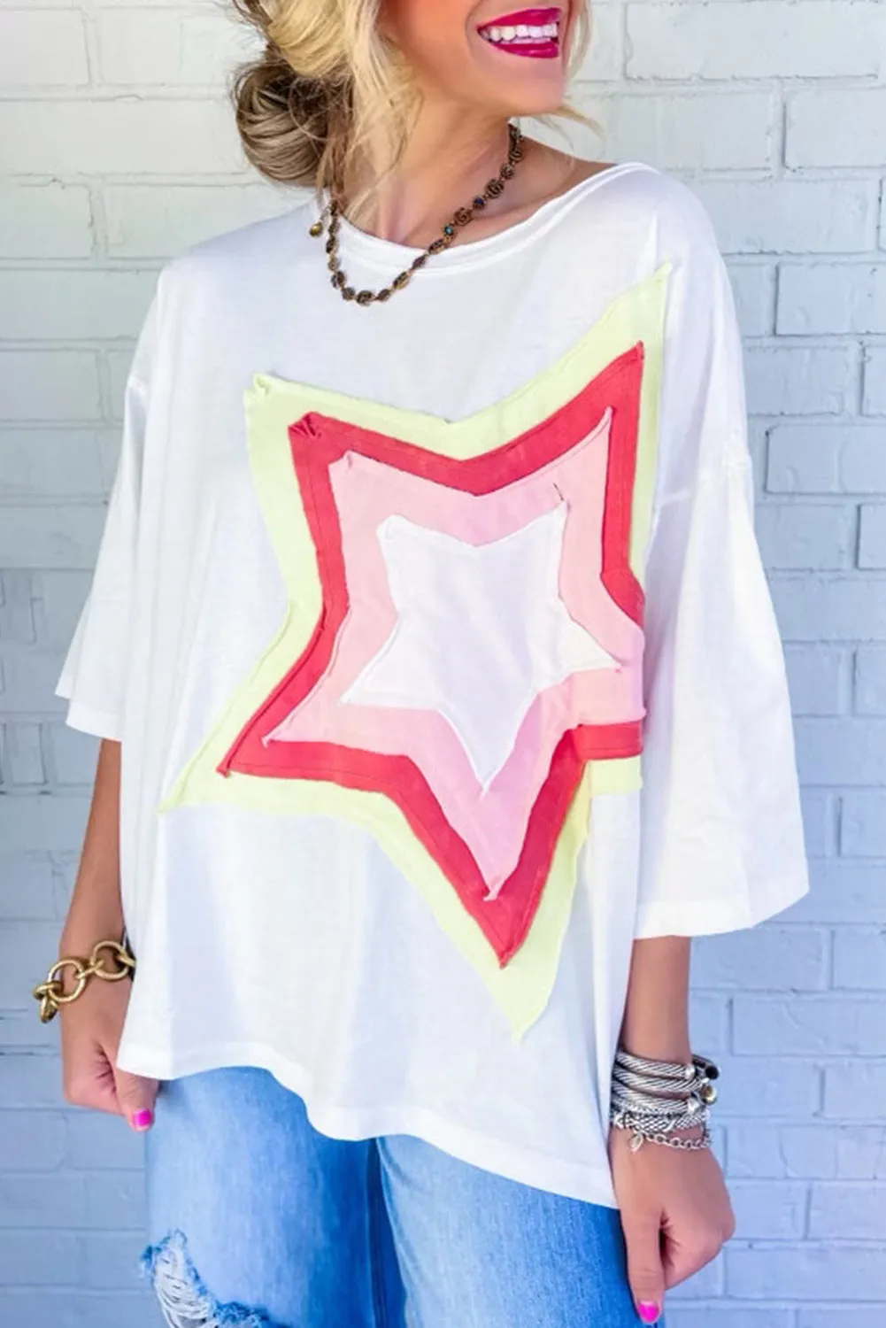 Women's Colorblock Star Patched 3/4 Sleeve Oversized Tee