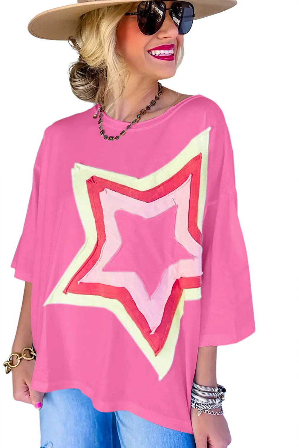 Women's Colorblock Star Patched 3/4 Sleeve Oversized Tee