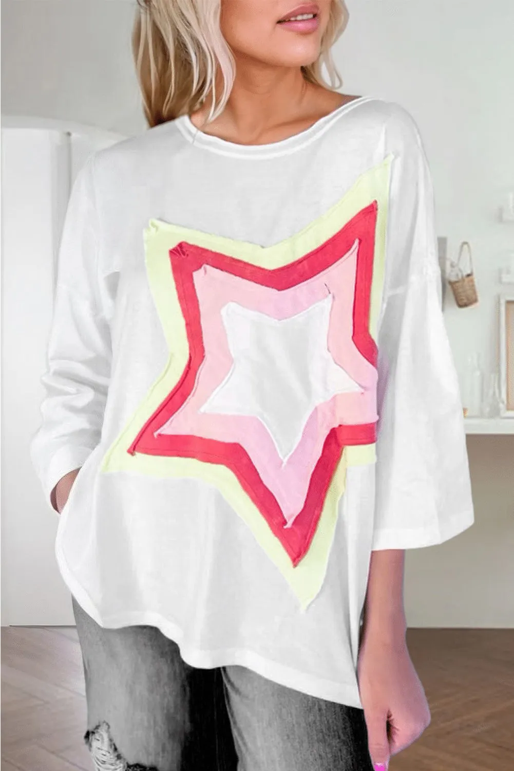 Women's Colorblock Star Patched 3/4 Sleeve Oversized Tee