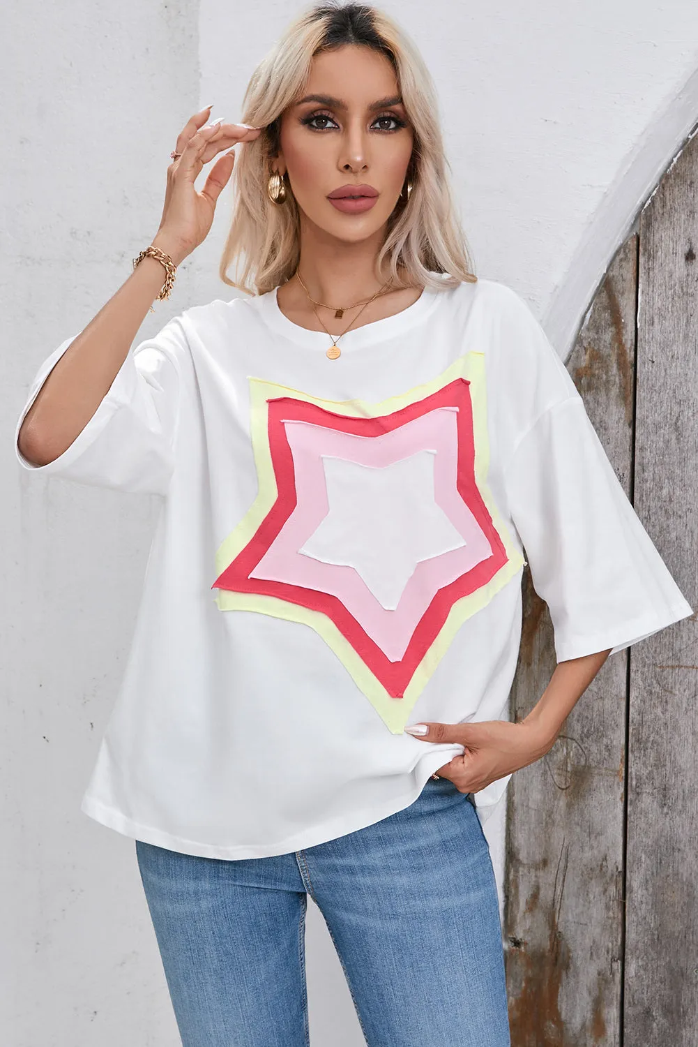 Women's Colorblock Star Patched 3/4 Sleeve Oversized Tee